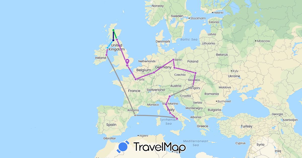 TravelMap itinerary: driving, bus, plane, train, boat in Germany, Spain, France, United Kingdom, Hungary, Ireland, Italy, Poland (Europe)